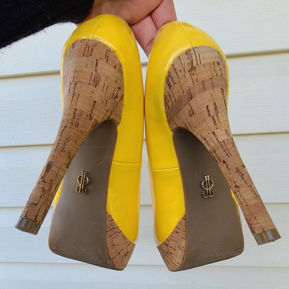 J Lo Yellow & Cork Heels / Vegan Pin-Up Pumps